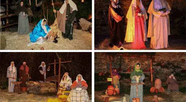 Escenas del belén viviente de Buitrago de Lozoya en Navidad. Figuras representando el nacimiento y la vida cotidiana.