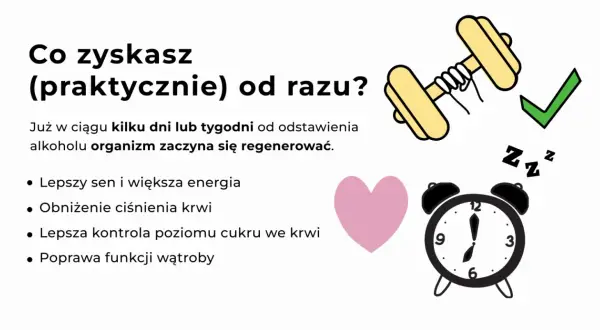 Abstynencja od alkoholu przynosi korzyści: lepszy sen, energia, niższe ciśnienie, kontrola cukru i lepsza wątroba. Zyskujesz zdrowie!