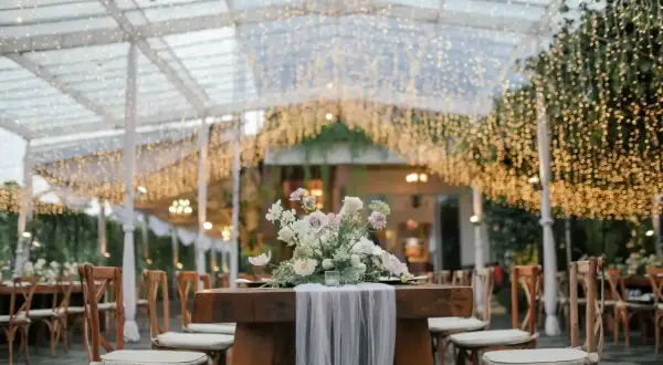 Elegancki wystrój sali weselnej pod baldachimem z tysięcy światełek. Stół z bukietem kwiatów i drewniane krzesła tworzą magiczną atmosferę.
