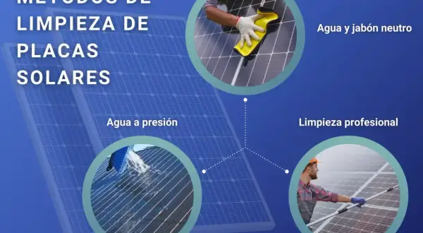 Métodos de limpieza de placas solares: agua y jabón neutro, agua a presión y limpieza profesional.