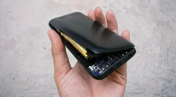 Dłoń trzyma powerbank z widoczną, spuchniętą baterią. Widać też płytkę drukowaną i porty ładowania.