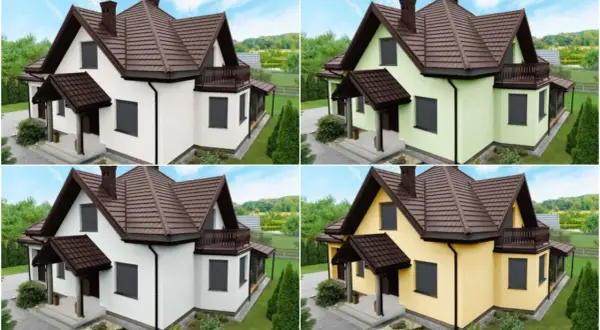 Cztery wizualizacje domu z brązowym dachem i różnymi kolorami elewacji.