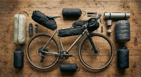 Gravelbike mit Packtaschen, Schlafsack, Isomatte und Kocher bereit für ein Abenteuer im **bike packing**.