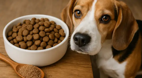 Beagle z zaciekawieniem patrzy na miskę karmy i łyżkę z mielonym siemieniem lnianym. Czy pies może jeść siemię lniane?