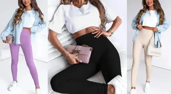 Trzy stylizacje z legginsami: fioletowymi, czarnymi i beżowymi. Zastanawiasz się, jaka bluzka do legginsów pasuje najlepiej? Zobacz inspiracje!