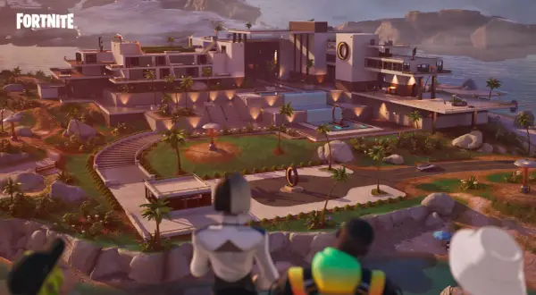 Luksusowa willa z basenem i palmami, widok na morze. Gracze Fortnite przygotowują się do akcji w Fortnite sezon 4.