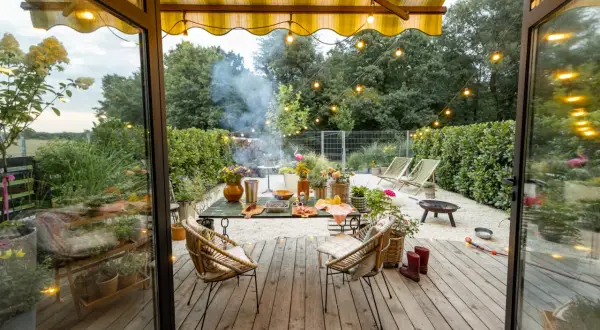 Nowoczesna stodoła z tarasem zaprasza do relaksu. Wygodne fotele, stół z przekąskami i grill tworzą idealne miejsce na letnie wieczory.
