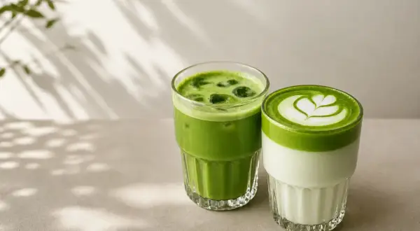 Dwa szklanki z zielonym napojem. Jeden to orzeźwiająca matcha z lodem, drugi to matcha latte z pianką.