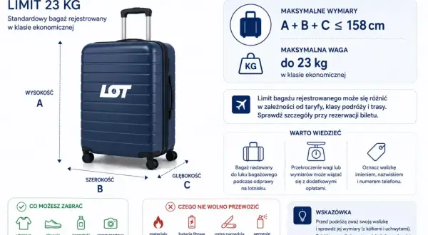 Granatowa walizka LOT z logo, limit 23 kg. Wymiary bagażu rejestrowanego: A+B+C ≤ 158 cm.
