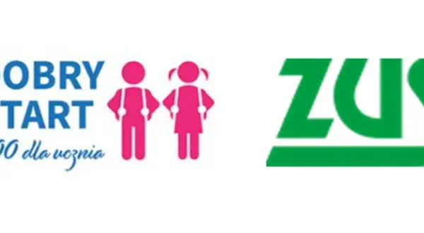 Logo "Dobry Start 300 dla ucznia" z sylwetkami dzieci i logo ZUS. Dobry start dla każdego ucznia.