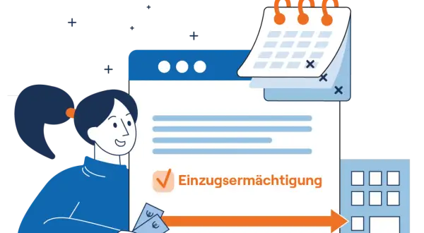 Frau erteilt Einzugsermächtigung für regelmäßige Zahlungen, was durch ein Häkchen und Euro-Scheine symbolisiert wird. Effizientes EFT Banking.