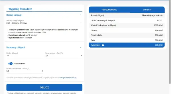 Kalkulator finansowy pokazuje, jak obliczyć odsetki od obligacji skarbowych. Wpisz parametry, by poznać zysk.
