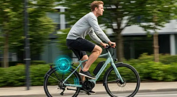 Hombre pedalea en una bici eléctrica, disfrutando del paisaje urbano. ¡Hay que pedalear en una bici eléctrica para moverse con facilidad!