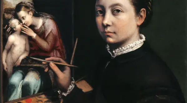 Młoda artystka tworzy swój autoportret, malując na płótnie scenę z Madonną i Dzieciątkiem.