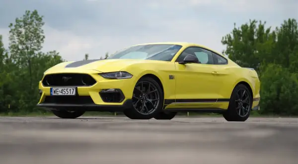 Żółty Ford Mustang Mach 1 z czarnymi pasami na masce i bokach, zaparkowany na tle zieleni.