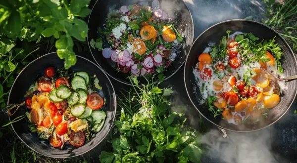 Tre läckra wok-rätter med färska grönsaker och ägg, redo att serveras utomhus. Ett perfekt wok recept för sommaren.