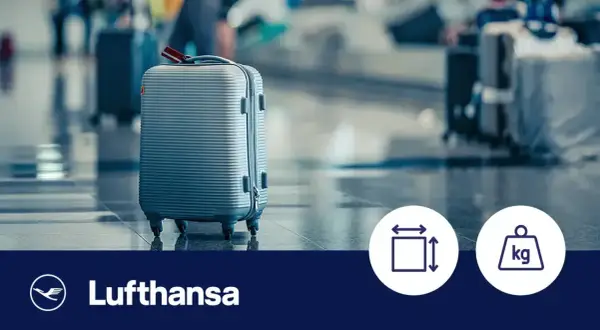 Walizka na lotnisku, gotowa na podróż z Lufthansą. Sprawdź wymiary i wagę bagażu przed lotem z przesiadką.