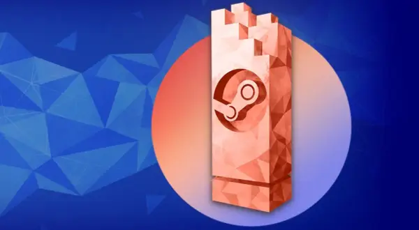 Pomnik z logo Steam, przypominający wieżę, na tle niebieskich geometrycznych wzorów.