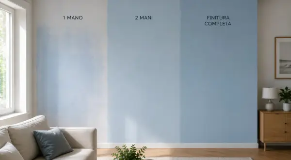 Parete con campioni di vernice blu: 1 mano, 2 mani e finitura completa. Si vede l'effetto del primo strato, un undercoat leggero, che migliora con le mani successive.