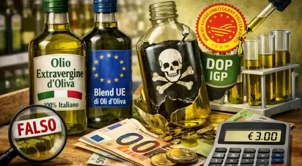 Olio extravergine di oliva DOP contraffatto, con teschio e ossa incrociate, monete, banconote e calcolatrice.