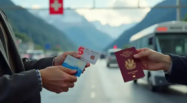 Przekraczanie granicy Szwajcarii. Czy do Szwajcarii trzeba paszport? W tle flaga Szwajcarii i góry.