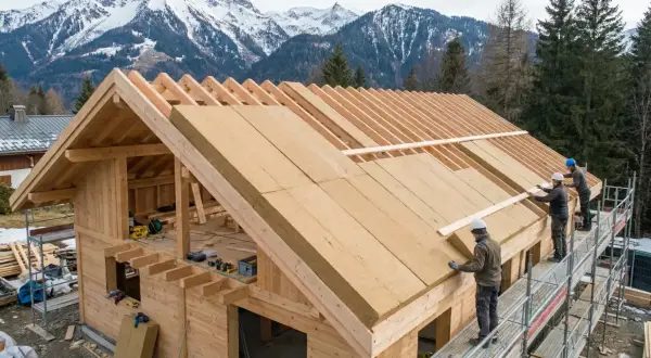 Travailleurs installant une isolation sur le toit d'une maison en bois, dans un paysage montagneux. L'isolation rampante assure le confort.