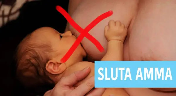 En röd X över en bebis som ammar. Texten "SLUTA AMMA" syns tydligt.