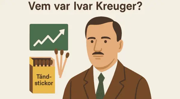 Illustration av Ivar Kreuger med tändstickor och en graf som visar uppgång.