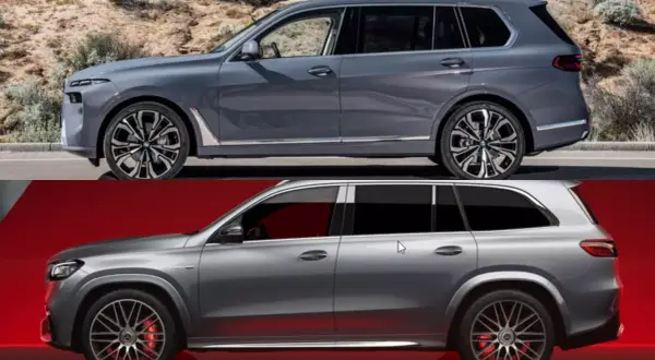 Porównanie SUV-ów: szare BMW X7 i srebrny Mercedes. Zwróć uwagę na detale i BMW X7 wymiary.