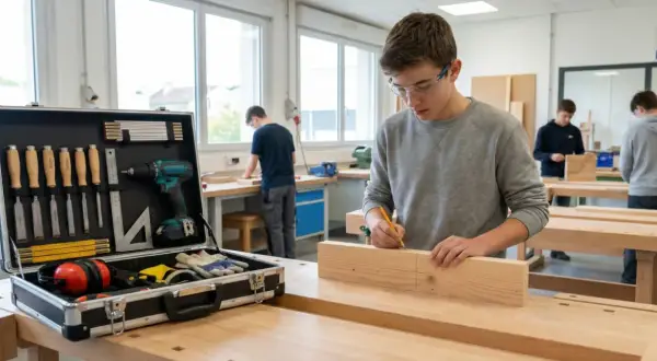 Un jeune homme concentré dessine des marques sur une planche de bois dans un atelier bricolage. Une mallette d'outils est ouverte à côté.