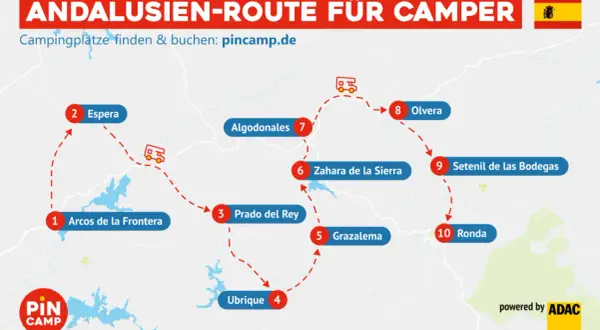 Karte zeigt eine Camper-Route durch Andalusien mit Zielen wie Arcos de la Frontera, Ronda und Olvera. Perfekt für Ihre nächsten Reiseziele Andalusien!