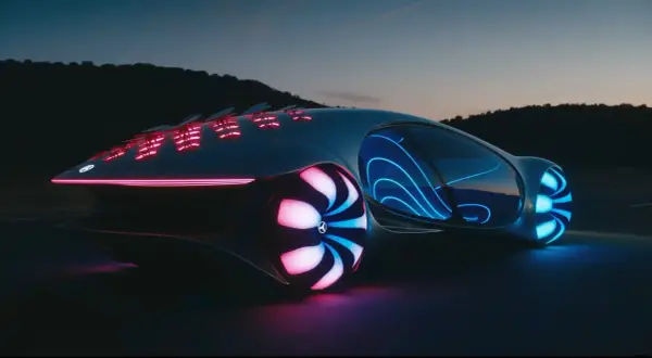 Futurystyczny Mercedes Vision AVTR z neonowymi światłami i podświetlanymi kołami, gotowy na nocną podróż.