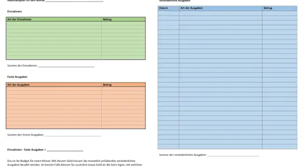 Kostenlose Tabelle Einnahmen-Ausgaben Vorlage für Ihren Monatsbudgetplan. Erfasst Einnahmen, feste und veränderliche Ausgaben.
