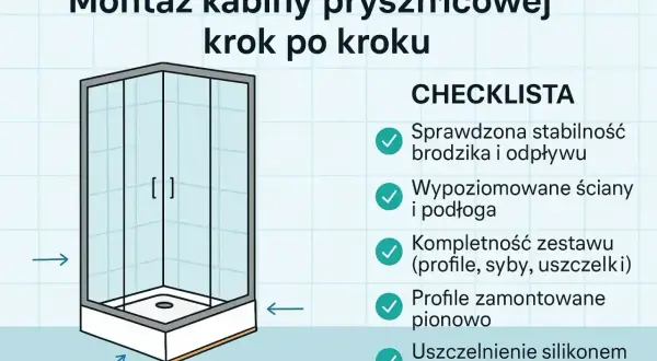 Ilustracja przedstawia montaż kabiny prysznicowej z brodzikiem. Na liście kontrolnej znajdują się punkty dotyczące stabilności, wypoziomowania i kompletności zestawu.