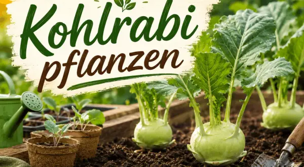 Kohlrabi pflanzen im Garten. Junge Setzlinge in Töpfen und ausgewachsene Kohlrabi-Knollen auf dem Beet, bereit für die Ernte.