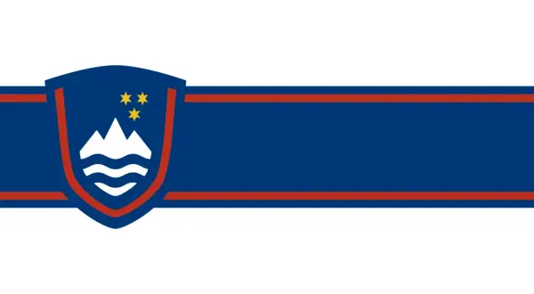 Słowenia flaga z herbem: góry, fale i trzy gwiazdy.