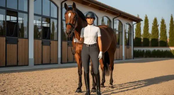 Jeździec i koń na piaskowym placu przed stajnią. Co daje jazda konna? Siłę, pewność siebie i bliskość z naturą.