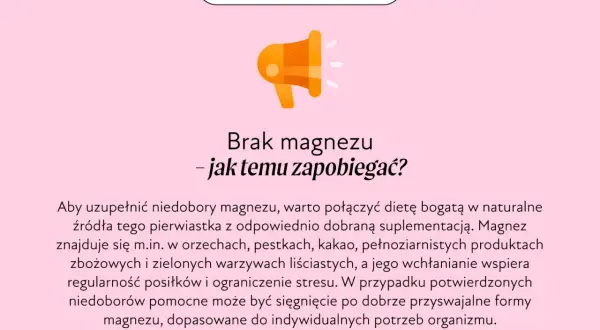 Grafika informuje o objawach niedoboru magnezu i sposobach zapobiegania. Pomaga zrozumieć, jak uzupełnić braki.