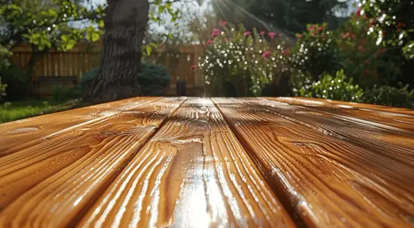 Table en bois fraîchement traitée avec une lasure, reflétant le soleil dans un jardin verdoyant.