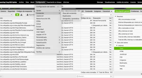 Herramienta SEO muestra una lista de partes de una URL de Wikipedia, con opciones de configuración y análisis.