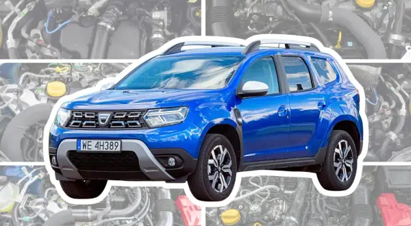 Niebieski Dacia Duster 2026 z widocznym silnikiem pod maską, gotowy na każdą drogę.