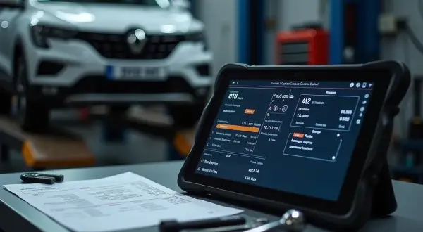 Diagnóstico de un Renault 1525f3 en taller. Tablet muestra datos del vehículo y herramientas a su lado.