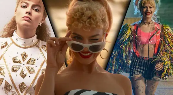 Margot Robbie i tre olika roller: glamorös, lekfull och vild. En collage av filmer med Margot Robbie.