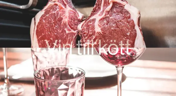 Två råa ryggbiffar hänger redo för grillen, med ett glas rött vin som väntar. Perfekt vin till ryggbiff.