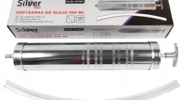 Metalowa odsysarka do oleju 500 ml z przezroczystą rurką. Idealna do precyzyjnego pobierania płynów.