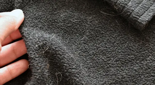 Dłoń dotyka ciemnego materiału pokrytego widocznymi, jasnymi włoskami i kłaczkami.