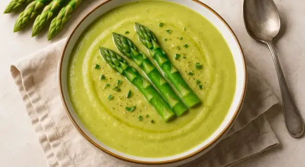 Crema di asparagi vellutata, perfetta come condimento per la pasta. Tre asparagi freschi decorano la ciotola.