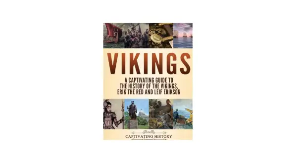 Okładka książki "Vikings" z ilustracjami przedstawiającymi statki, wojowników i artefakty. To fascynujące książki o wikingach.