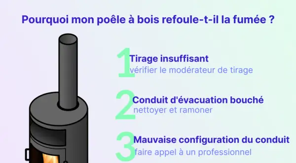 Illustration d'un poêle à bois avec des conseils pour résoudre les problèmes de tirage insuffisant, de conduit bouché ou de mauvaise configuration.