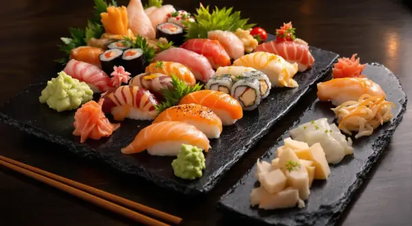 Talerz sushi z łososiem, tuńczykiem i krewetkami. Czy sushi jest kaloryczne? Zależy od dodatków, ale to danie jest zdrowe i pyszne.